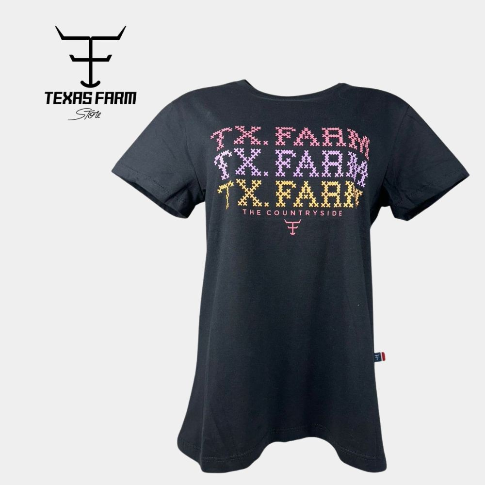 Camiseta Feminina Texas Farm Manga Curta Preta Com Logo Estampada Em Rosa Lilás