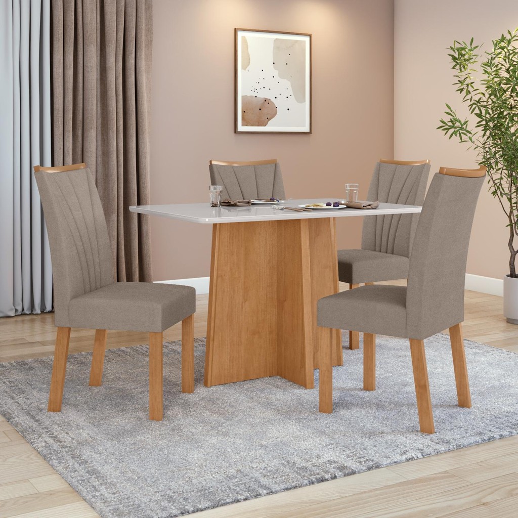 Conjunto Sala de Jantar Mesa Celebrare.120x80 Tampo Vidro/MDF com 4 Cad Apogeu Suede Amendoa/Off