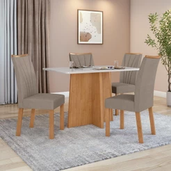 Conjunto Sala de Jantar Mesa Celebrare.120x80 Tampo Vidro/MDF com 4 Cad Apogeu Suede Amendoa/Off