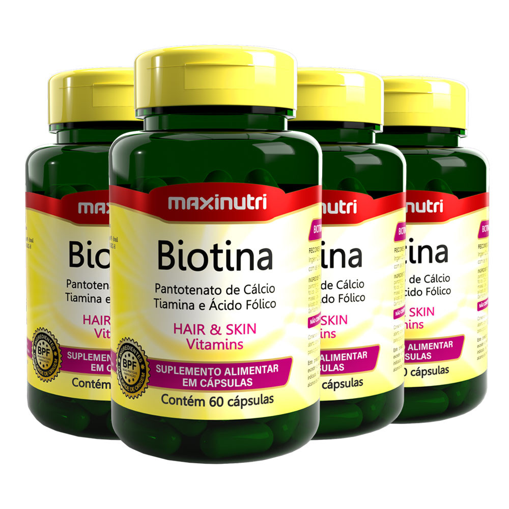 Kit 4 Biotina Maxinutri Hair Skin Vitaminas + Ácido Fólico 60 Cápsulas