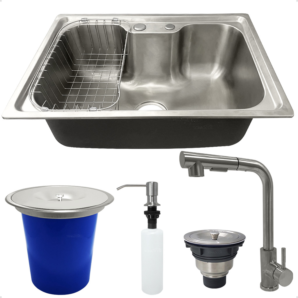 Kit Cozinha Cuba Gourmet Inox 304 60x42 Torneira 90° Lixeira 5 Litros Dispenser 500ml Valvula Sifao