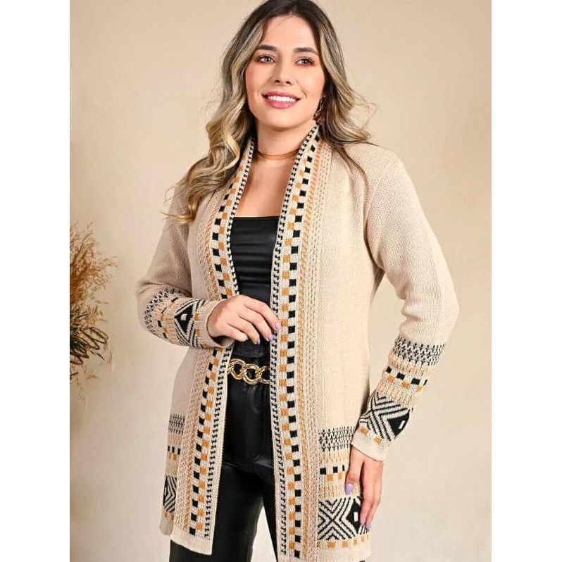 Cardigan Kimono Tricot Feminino Quadriculado Casaco teddy manga Longa Aberto Elegante Charmy Tricot