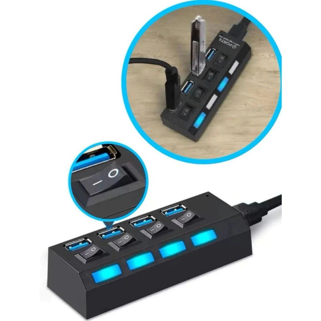 Hub USB Multiplicador 4 Portas com LED – Expansor para PC, Laptop, Impressora e Dispositivos USB