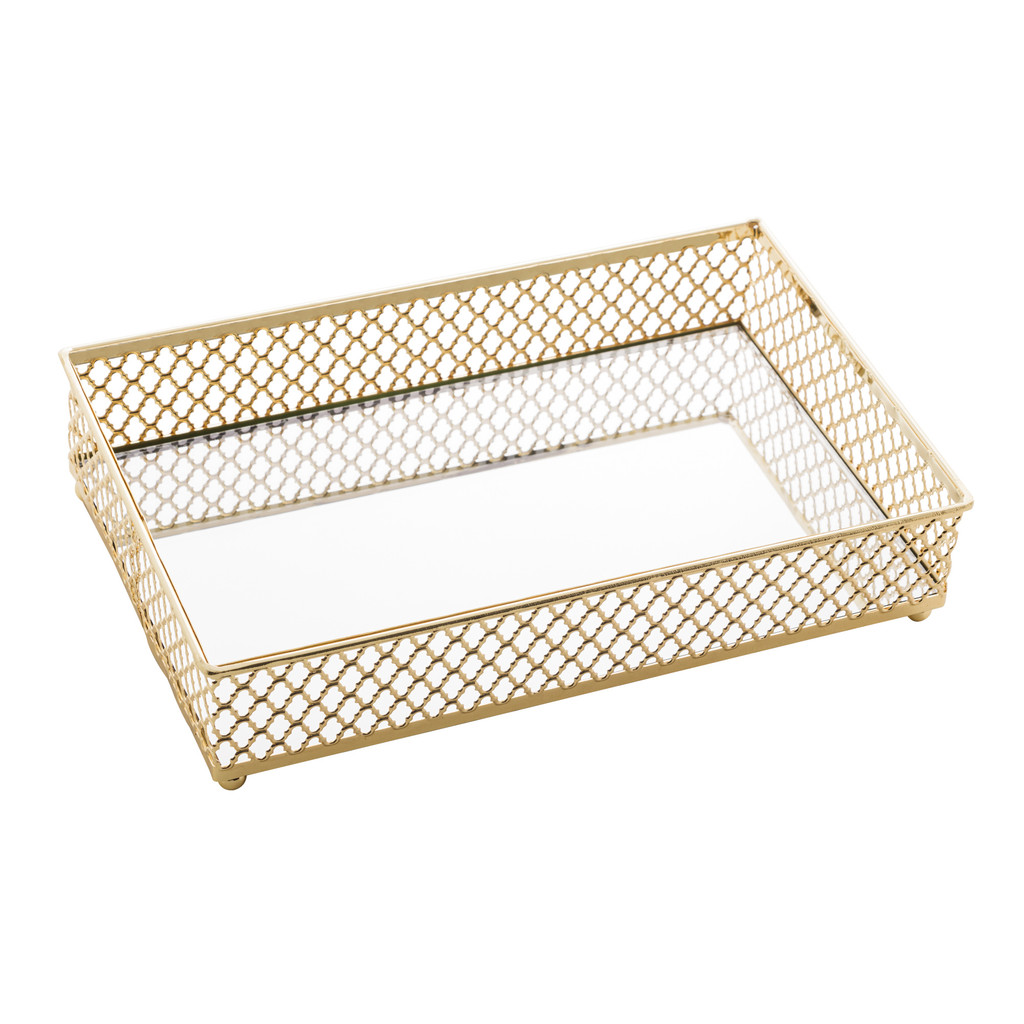 Bandeja de Metal com Espelho Barcelona Dourada 21cm x 13cm x 5cm - Lyor - Home & Living