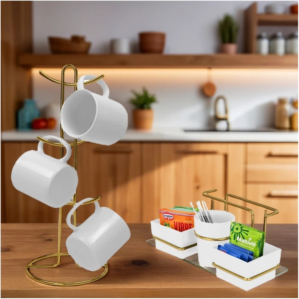 Kit Porta Sachê Suporte Organizador Porta Xícaras Café Bancada Cozinha Dourado - Future