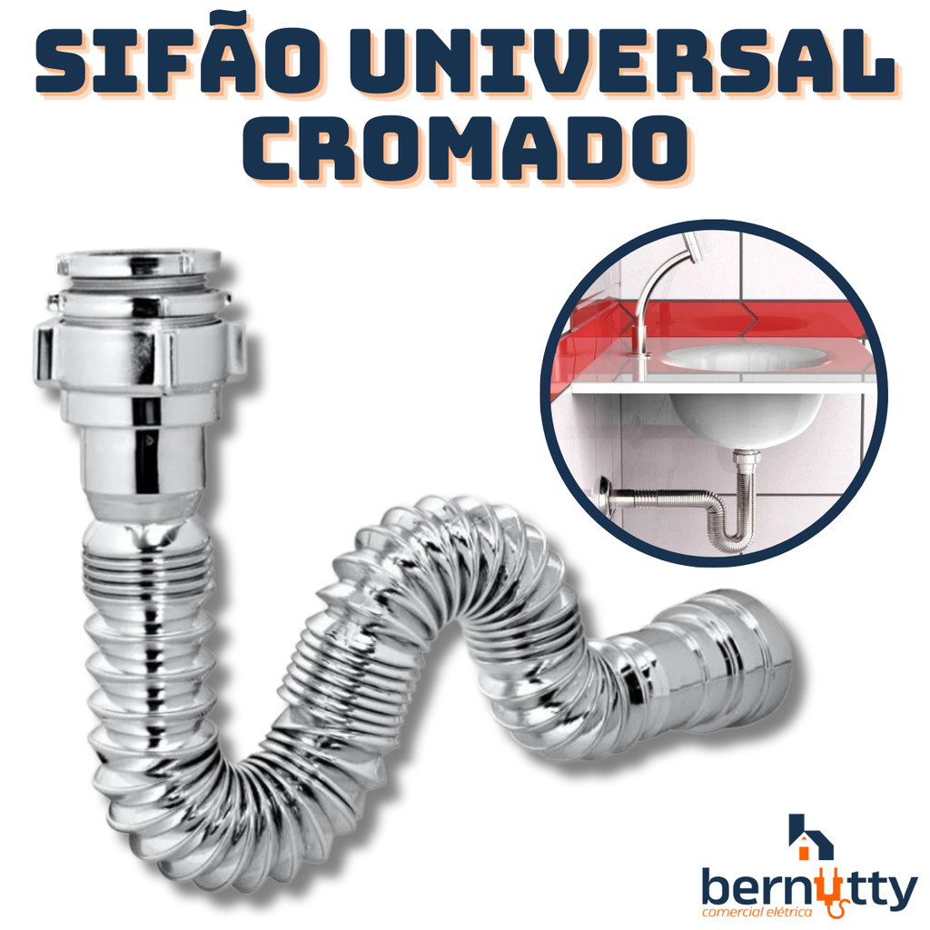 Sifão Sanfonado Extensivo Flexível Universal Metalizado Cromado - Pia Cuba Banheiro Cozinha