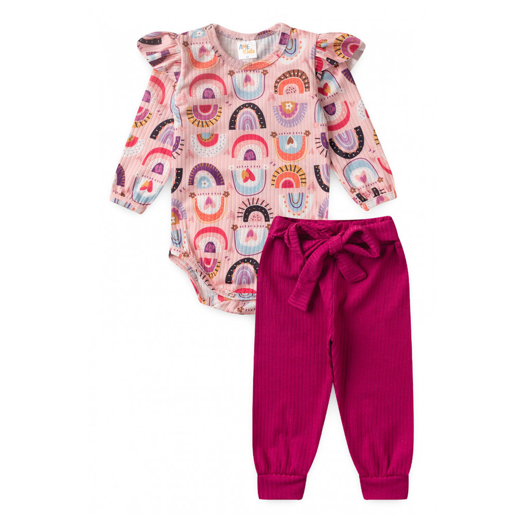 Conjunto Body Manga Longa com Babado e Calça Canelado Faixinha Rosa Menina - Arco íris - Ame Kids