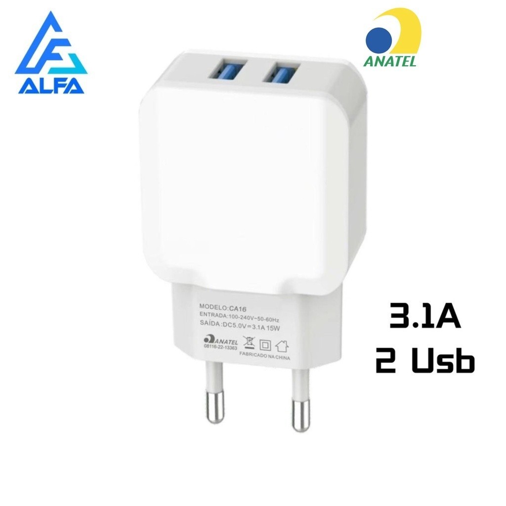 Fonte de Carregador Turbo Rápido 2 Usb 3.1A Para Celular Original