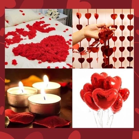 kit dia dos namorados - 100 Pétalas + 3 Balões de Coração + 6 Velas Rechaud + 10 balões + Cortina Metalizada de Coração