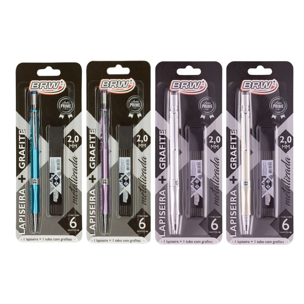 Kit 04 Lapiseira 2.0mm Metalizada + Tubo Grafite HB 6 Un. Azul/Prata/Dourado/Roxo BRW