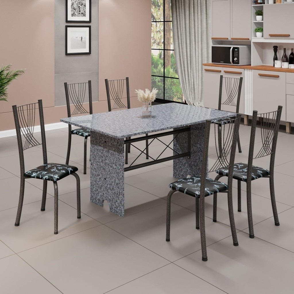 Conjunto de Mesa Tampo de Granito Ocre com 6 Cadeiras Lorena Yescasa Preto Floral/Mart Prata - Home & Living
