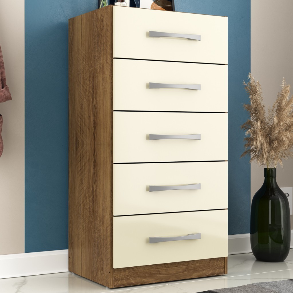 Cômoda 5 Gavetas Savana Nature/Off White - Pnr Móveis em Oferta na Shopee