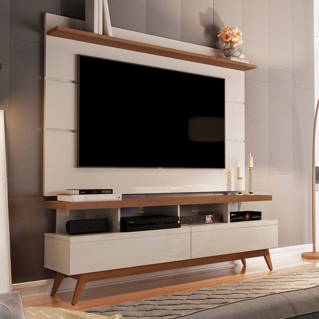 Rack com Painel para TV Até 70 Polegadas Vivare Wood 2 Gavetas Off White/Freijó - Giga Móveis em Oferta na Shopee