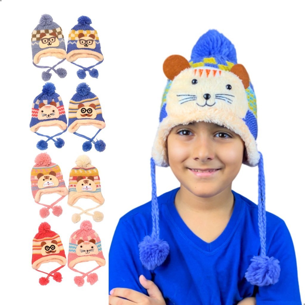 Touca Gorro Infantil Forrada Animais Bichinhos Cobre Orelhas Frio Inverno
