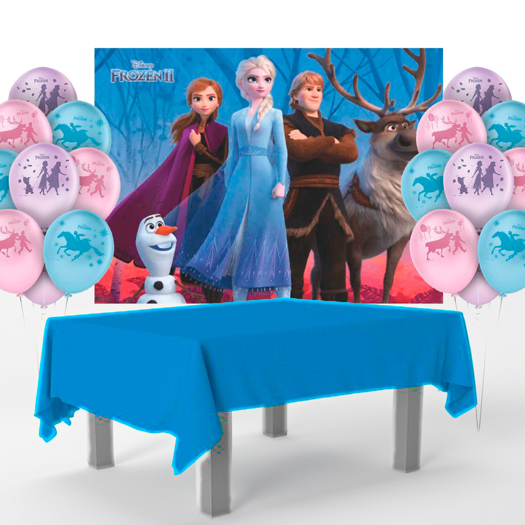 Kit festa Frozen Decoração Completa Toalha Azul + 25 Balao + Painel TNT