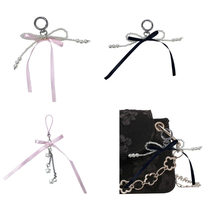 YYS Pearl Ribbon Bowknot Charm Chaveiro Pingente Mochila Decoração Para Mulheres Menina