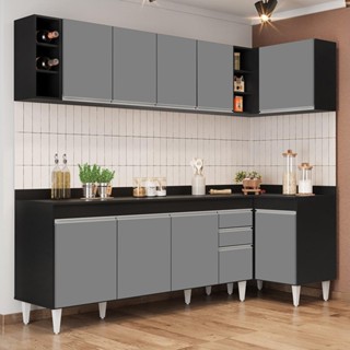 Armário de Cozinha Modulado de Canto Esquerdo 5 Peças CP53 Balcão com Tampo Preto/Cinza - Lumil em Oferta na Shopee