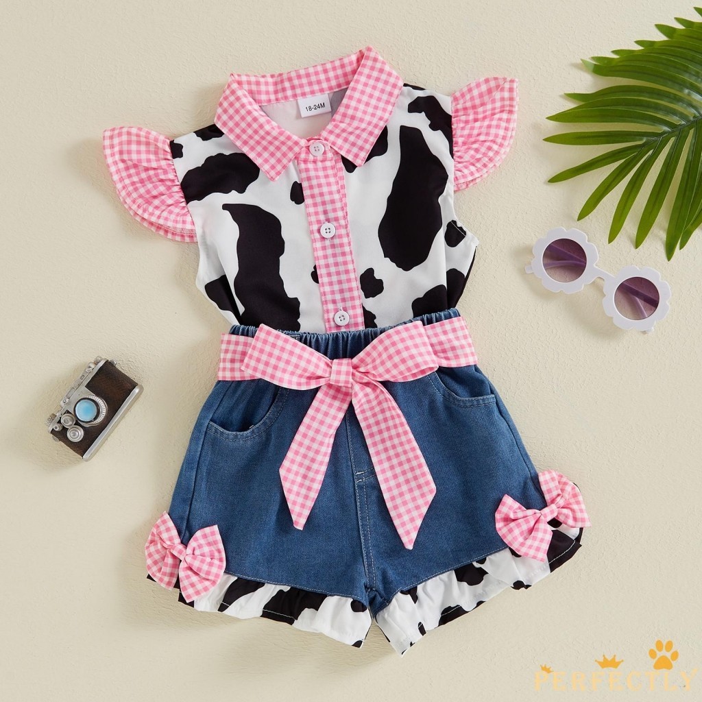 Kid Girl 2Pcs Set Outfits Fly Sleeve Cow Print Button Shirt + Calças De Ganga Roupas De Verão Para Crianças De Colo
