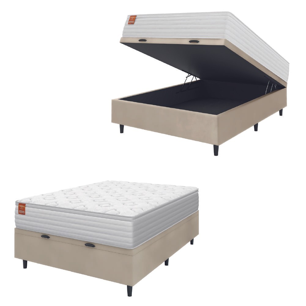 Cama Box Baú Colchão Casal Molas Ensacadas Real 138x188x68cm Branco / Bege Inducol - Suporta até 130kg por Pessoa - Home & Living