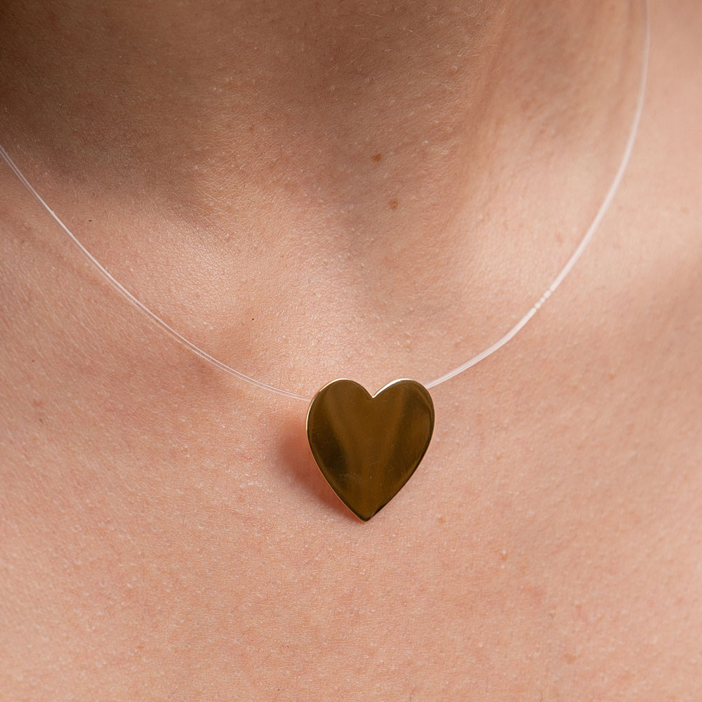 Colar Coração Grande Nylon Folheado Em Ouro Amarelo 18k Antialérgico Pingente Feminino Delicado Dourado
