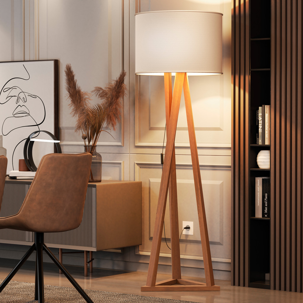 Luminária de Chão Tripé em Madeira com Cúpula Abajur Sala Quarto Escritório Moderna Elegan...
