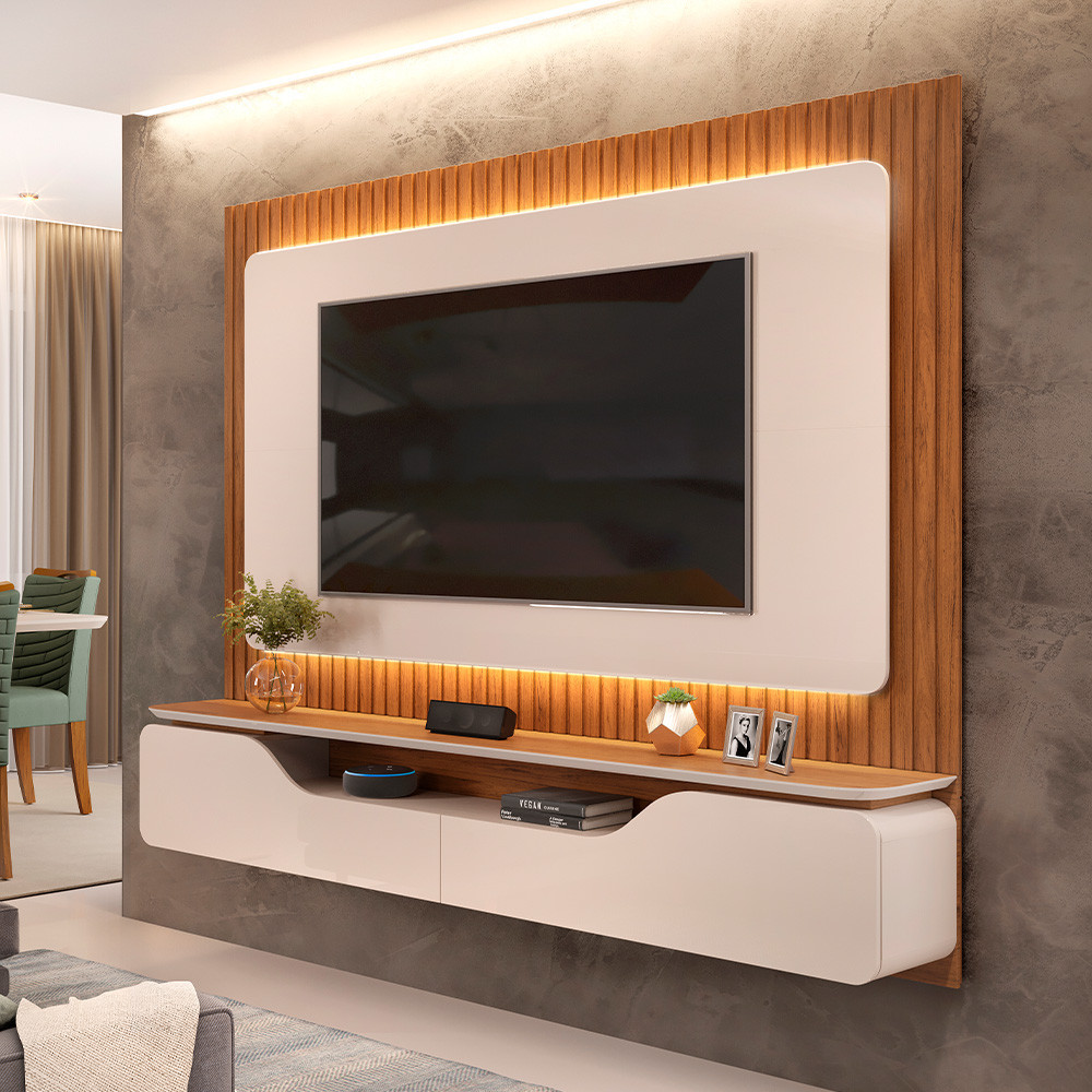 Painel Ripado Suspenso Para TV 70 Pol 210cm Rizzo D05 Off White Freijó - Lyam Decor