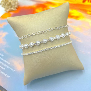 Kit 3 Pulseiras a Prata 925 banhado Coração Conjunto de Pulseira Riviera Cristal Zircônia e Coração Pulseira de pérolas de coração delicado