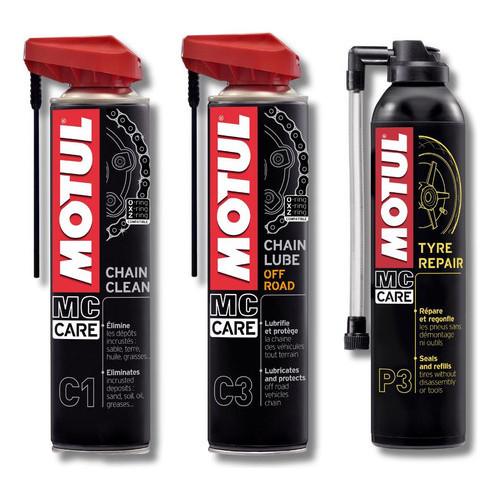 KIT MOTUL MC CARE C1 CHAIN CLEAN 400 ML + C3 CHAIN LUBE OFF ROAD + P3 TYRE REPAIR
