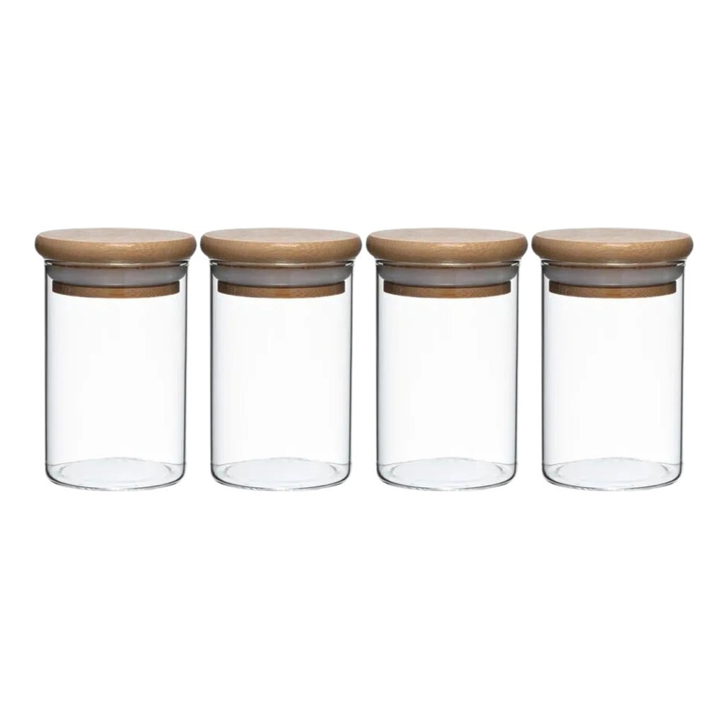 Kit 4 Pote Porta Temperos Mantimentos 110ml Design Versátil Tampa De Bambu Hermético