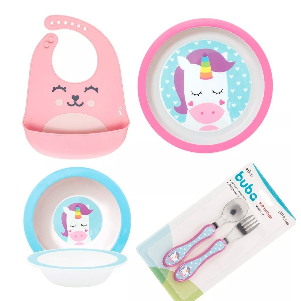 Kit Refeição Com Prato Bowl Babador E Talher Infantil Buba Unicórnio Girafa Leão em Oferta na Shopee