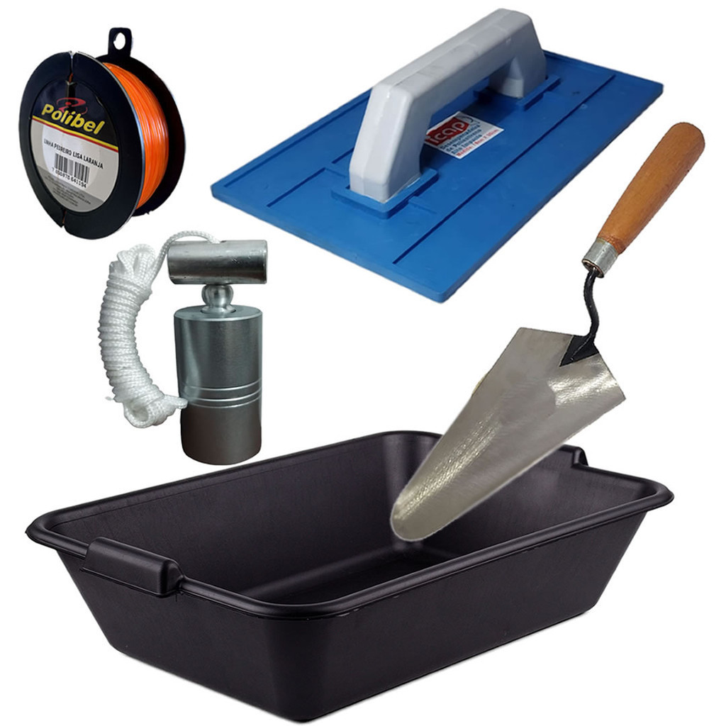 Kit Pedreiro Obra Colher Desempenadeira Prumo Linha Masseira