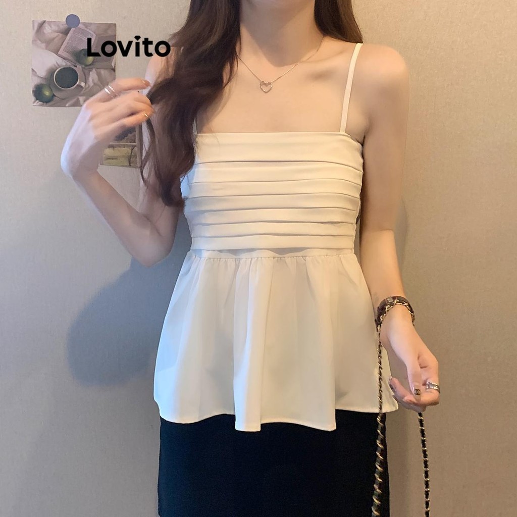 Lovito Regata Casual Lisa Ombro Frio Plissado Exagerado Babado Top De Verão Para Mulheres LNE53536 - Women Clothes