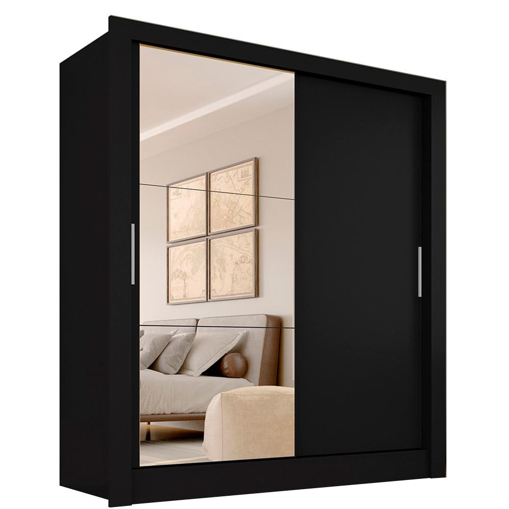 Guarda Roupa Solteiro Paloma 2 Pts C/ Espelho Preto Fosco M. Arapongas - Home & Living