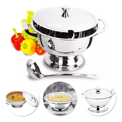 Kit Sopeira Em Aço Inox Com Concha Terrina Sopa 2 Litros