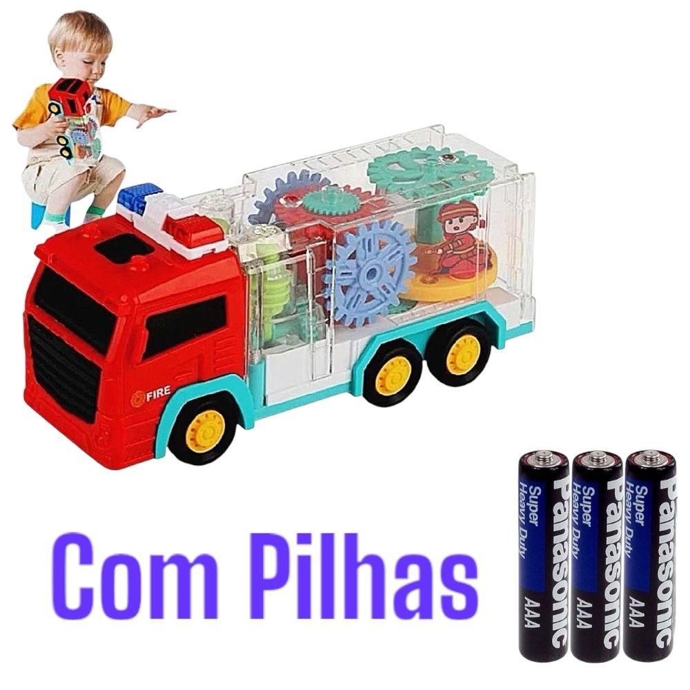 Brinquedo Carrinho Caminhão Bombeiro Infantil Musical Engrenagens Transparente C Luze E Som- HM TOYS