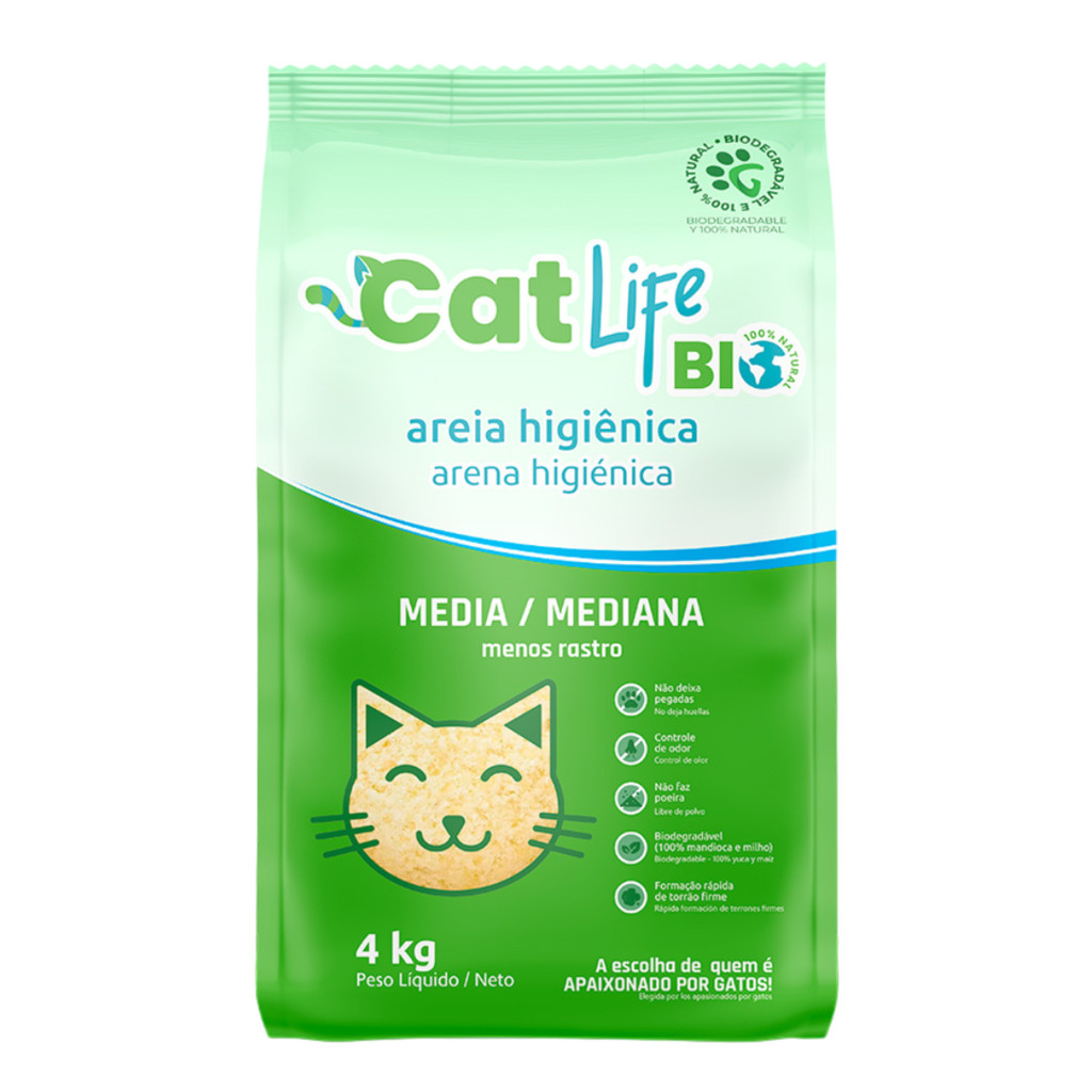 Areia para Gatos Higiênica Biodegradável Cat Life Bio Grãos Médios feita de Milho e Mandioca 4Kg