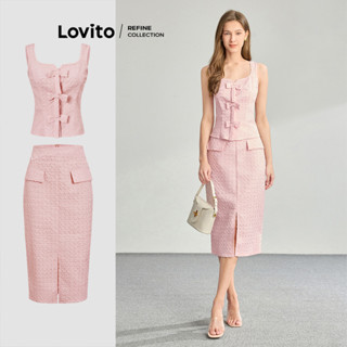 (Lovito Refine) Tops ou calças femininas elegantes com laço liso e plissado LR1ED010 em Oferta na Shopee