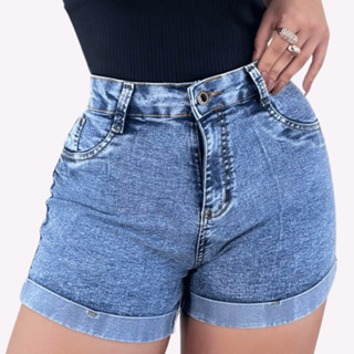 Short Jeans Feminino com Lycra Estilo Marmorizado Cós Alto Fecho em Botão e Zíper Valoriza o Corpo em Oferta na Shopee