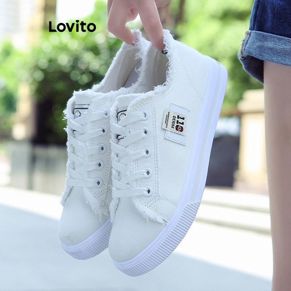 Lovito Casual liso um chute estilo coreano clássico e versátil lona sapatos brancos tênis para mulheres  LFA62044 - Women Shoes