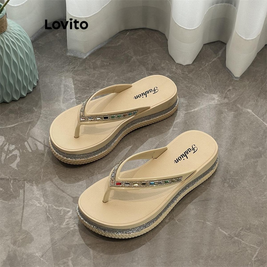 Lovito Casual liso strass lantejoulas Colorblock moda sola grossa usar fora sandálias planas para mulheres  LFA64251 - Women Shoes