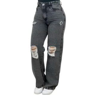 Calça Jeans Feminina Wide Leg rasgada grafite 34 ao 46 em Oferta na Shopee