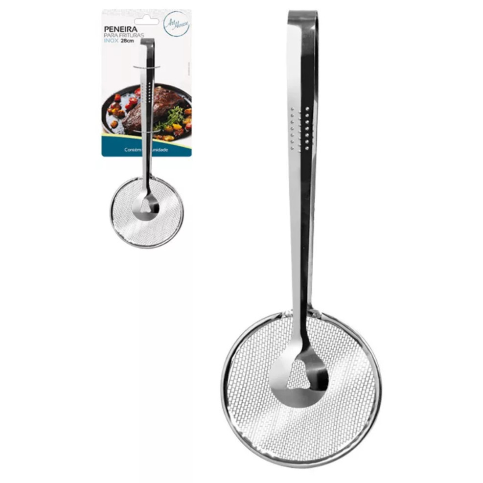 Escumadeira Para Fritura Com Pegador Pinça e Peneira Em Inox