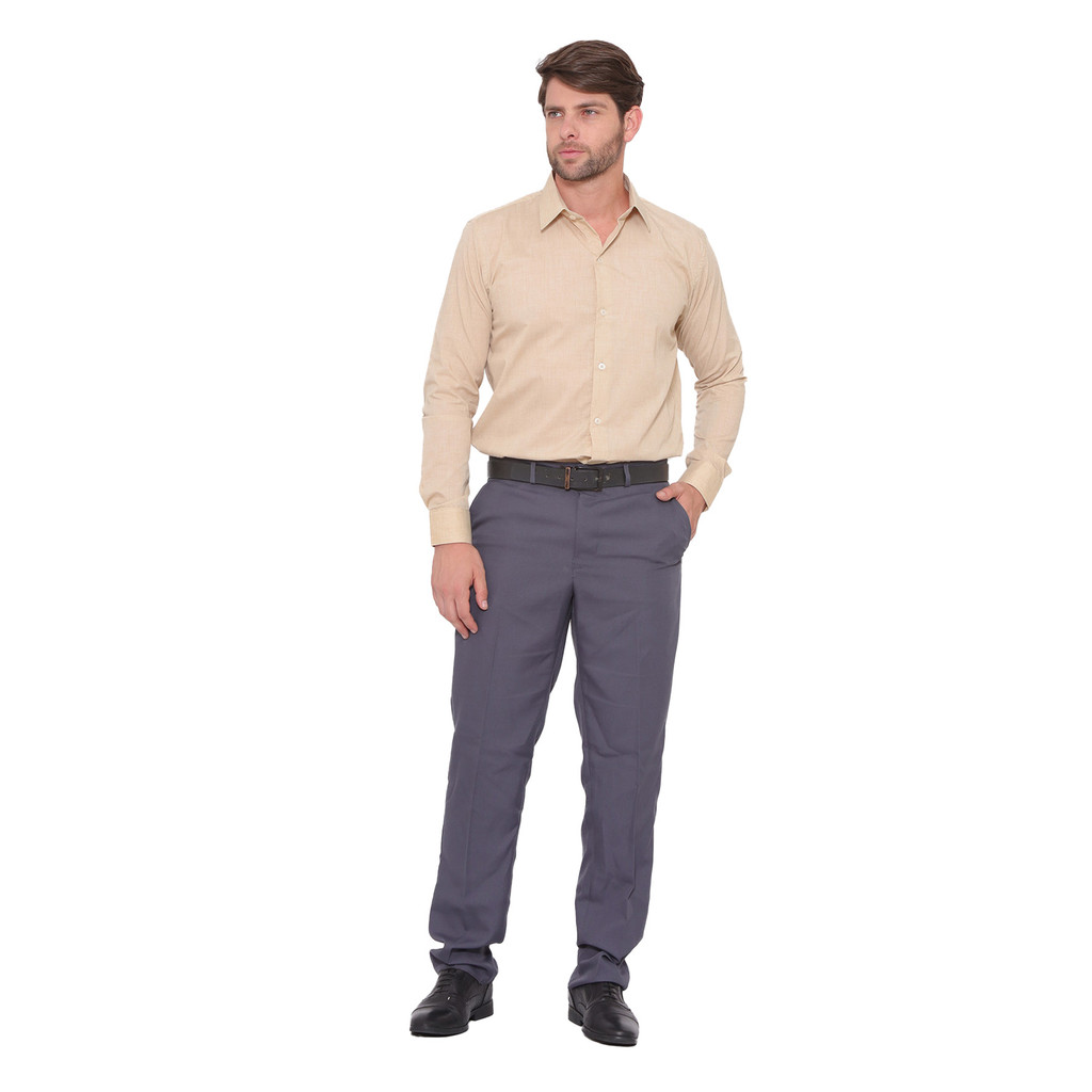 KIT Masculino 2 peças- Camisa Social Tipo Linho Bege e Calça Social Cinza Escuro de Terno