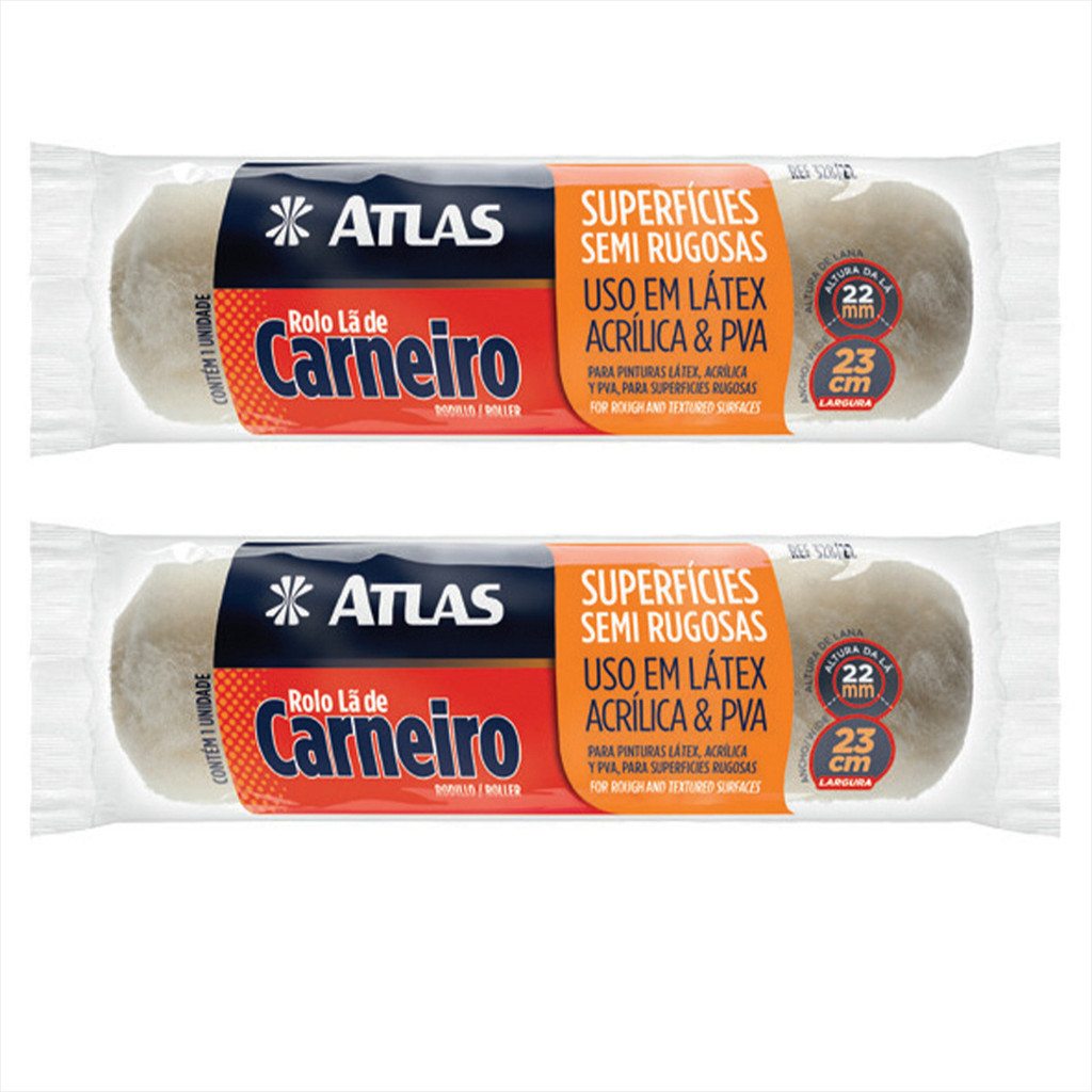Rolo Pintura 23cm Lã Carneiro Natural Latex Pva 328/22 Atlas Kit C/ 2