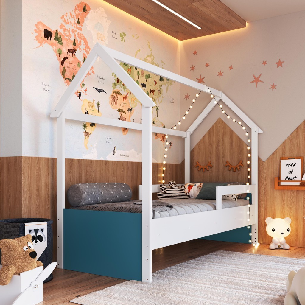 Cama Infantil Montessoriana Casinha Menino Menina Solteiro com Proteção Lateral Branco com Azul