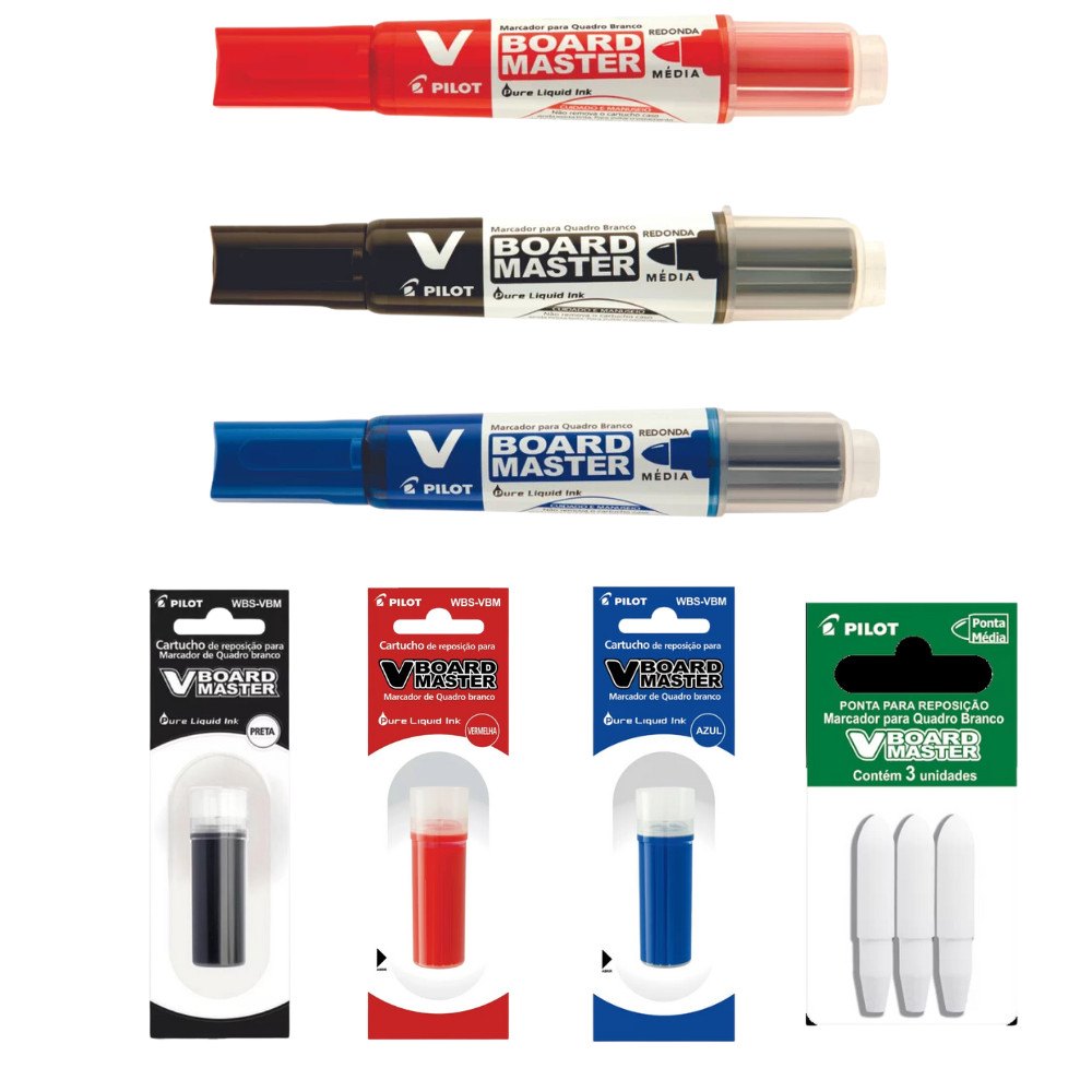 Kit 3 Pincel Quadro Branco V-Board Master Pilot + 3 Refil V-Board Pilot + 3 Pontas V-Board Pilot