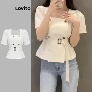 Lovito Blusa frontal elegante com botão e cinto liso para mulheres L86ED424 em Oferta na Shopee