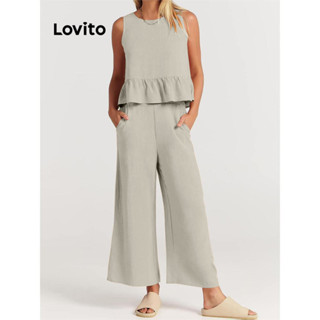 Lovito Conjuntos Casuais De Calças Com Babados Lisos E Bolsos Para Mulheres LNL43080