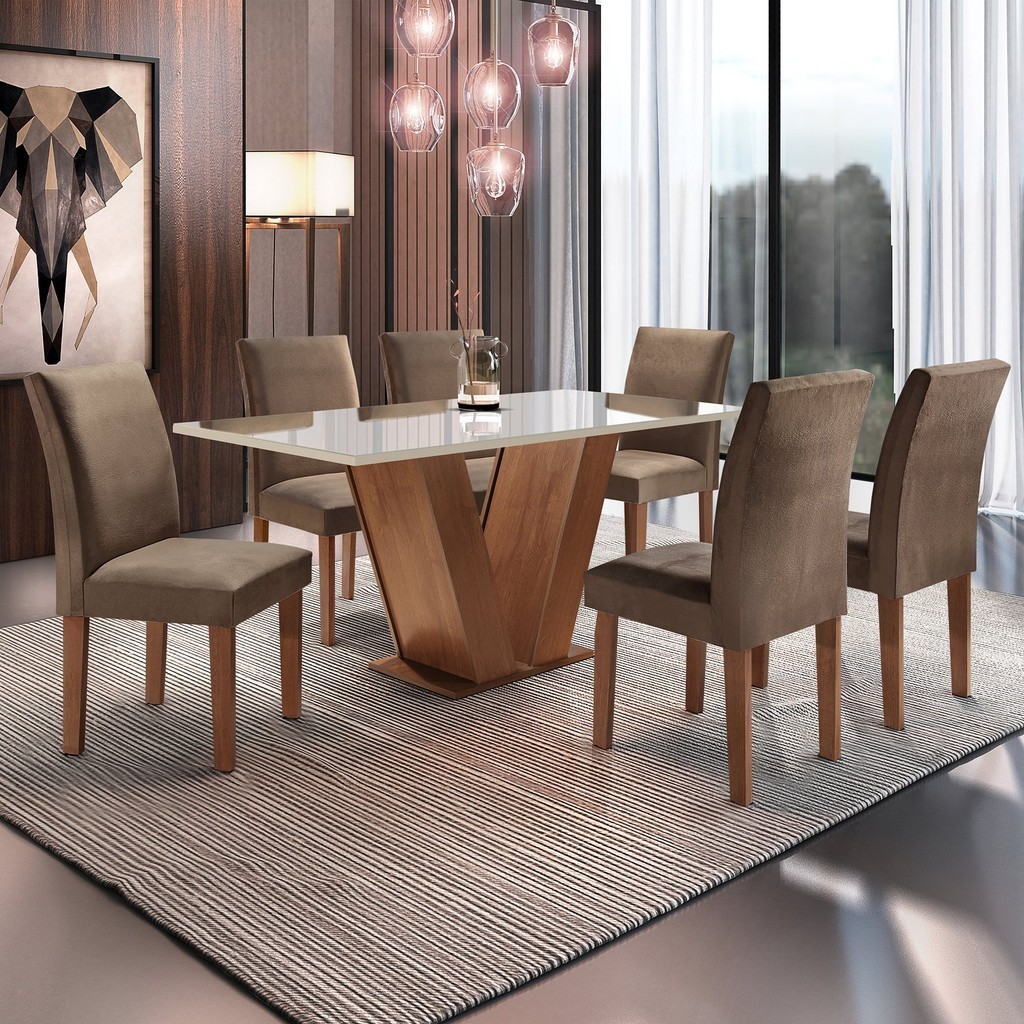 Conjunto Sala de Jantar Mesa Tampo de Vidro 6 Cadeiras Espanha Yescasa Chocolate/Off White/Tecido Animale Marrom - Home & Living