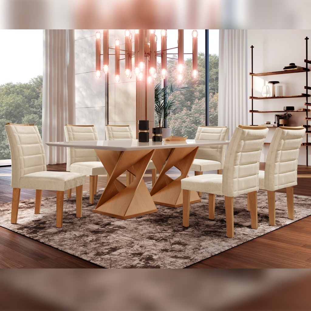 Conjunto Sala De Jantar Genova Tampo Vidro/MDF com 6 Cadeiras Genova Smart Plus  Cinamomo/Off White/Bege - Home & Living